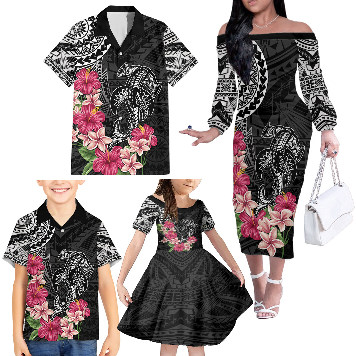 Black Polynesian Hammerhead Shark Tribal Pattern Family Matching Off The Shoulder Long Sleeve Dress and Hawaiian Shirt