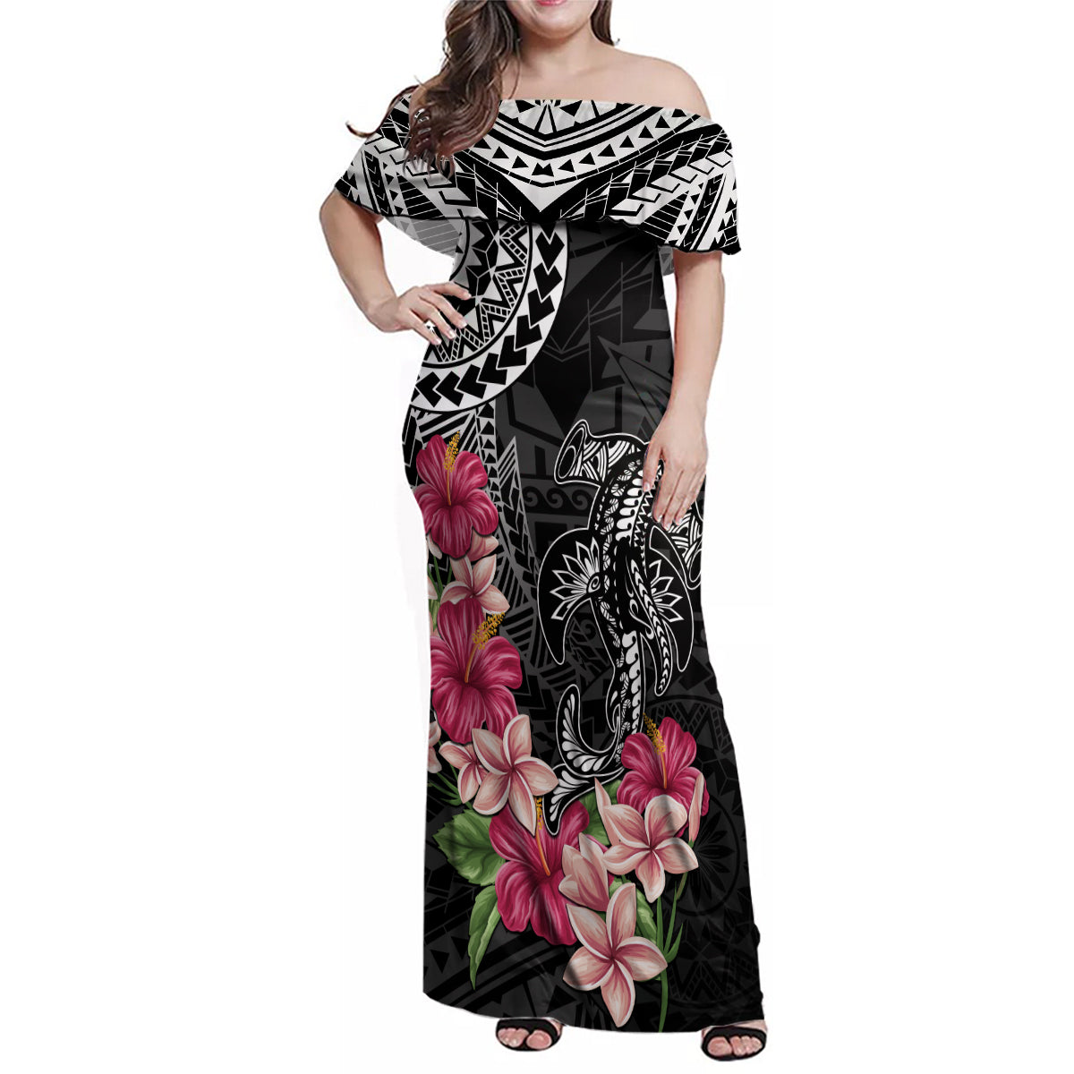 Black Polynesian Hammerhead Shark Tribal Pattern Family Matching Off Shoulder Maxi Dress and Hawaiian Shirt LT05 Mom's Dress Black - Polynesian Pride