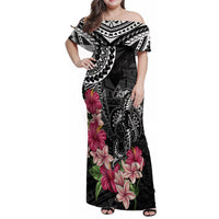 Black Polynesian Hammerhead Shark Tribal Pattern Family Matching Off Shoulder Maxi Dress and Hawaiian Shirt LT05 Mom's Dress Black - Polynesian Pride