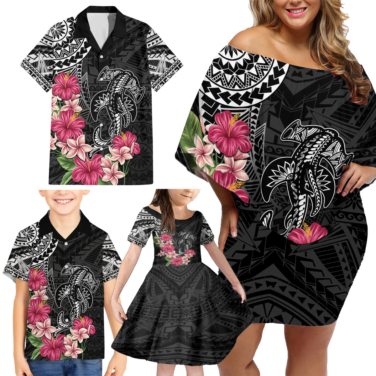 Black Polynesian Hammerhead Shark Tribal Pattern Family Matching Off Shoulder Short Dress and Hawaiian Shirt