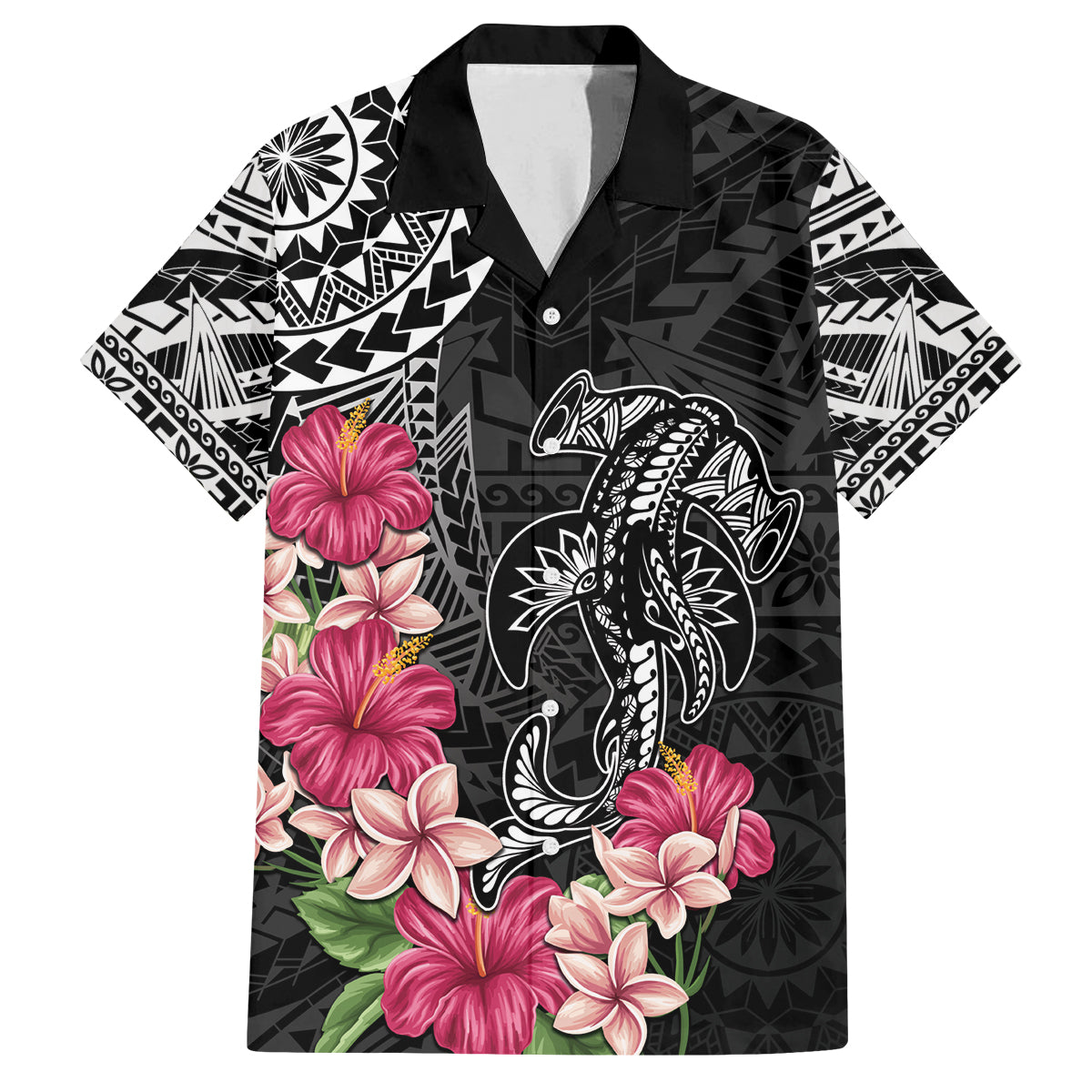 Black Polynesian Hammerhead Shark Tribal Pattern Family Matching Off Shoulder Short Dress and Hawaiian Shirt