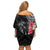 Black Polynesian Hammerhead Shark Tribal Pattern Family Matching Off Shoulder Short Dress and Hawaiian Shirt