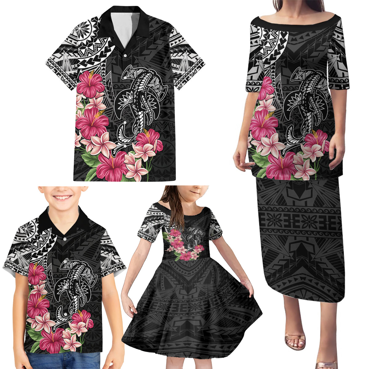 Black Polynesian Hammerhead Shark Tribal Pattern Family Matching Puletasi and Hawaiian Shirt LT05 - Polynesian Pride