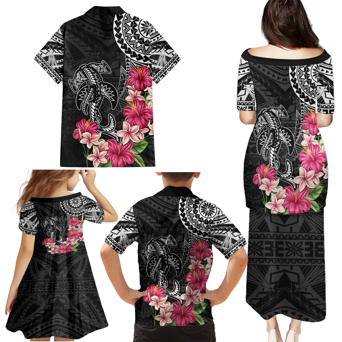 Black Polynesian Hammerhead Shark Tribal Pattern Family Matching Puletasi and Hawaiian Shirt LT05 - Polynesian Pride