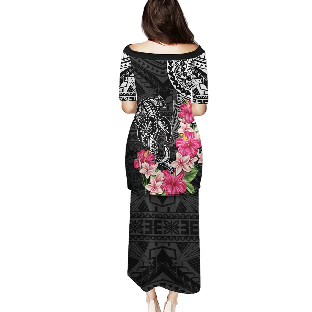 Black Polynesian Hammerhead Shark Tribal Pattern Family Matching Puletasi and Hawaiian Shirt LT05 - Polynesian Pride