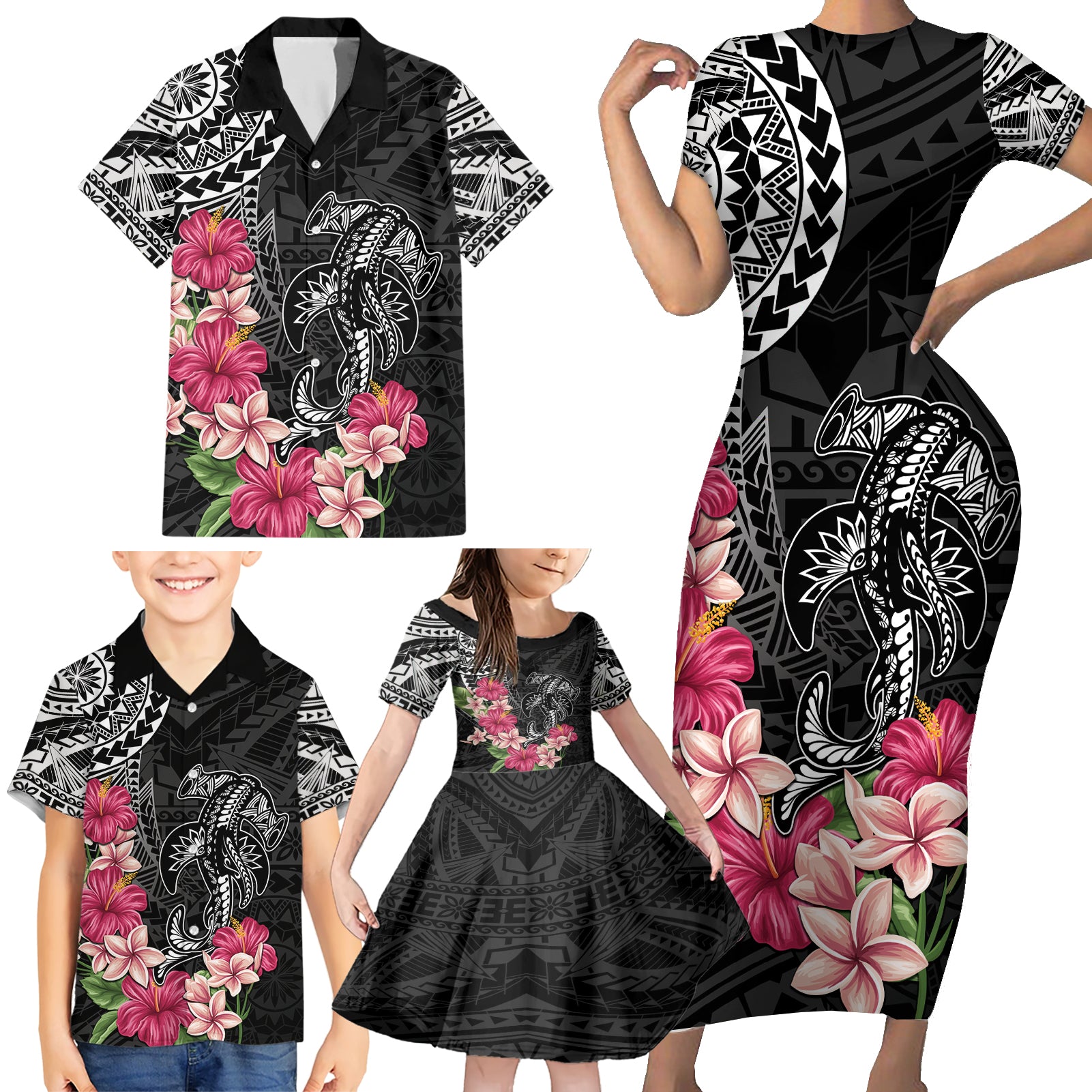 Black Polynesian Hammerhead Shark Tribal Pattern Family Matching Short Sleeve Bodycon Dress and Hawaiian Shirt