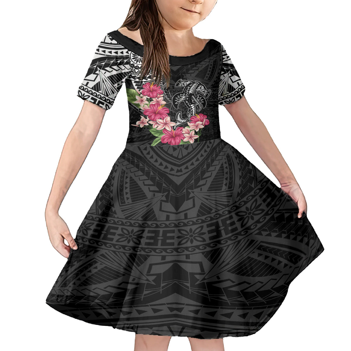Black Polynesian Hammerhead Shark Tribal Pattern Family Matching Summer Maxi Dress and Hawaiian Shirt LT05 Daughter's Dress Black - Polynesian Pride