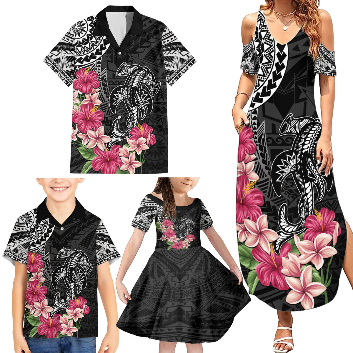 Black Polynesian Hammerhead Shark Tribal Pattern Family Matching Summer Maxi Dress and Hawaiian Shirt LT05 - Polynesian Pride