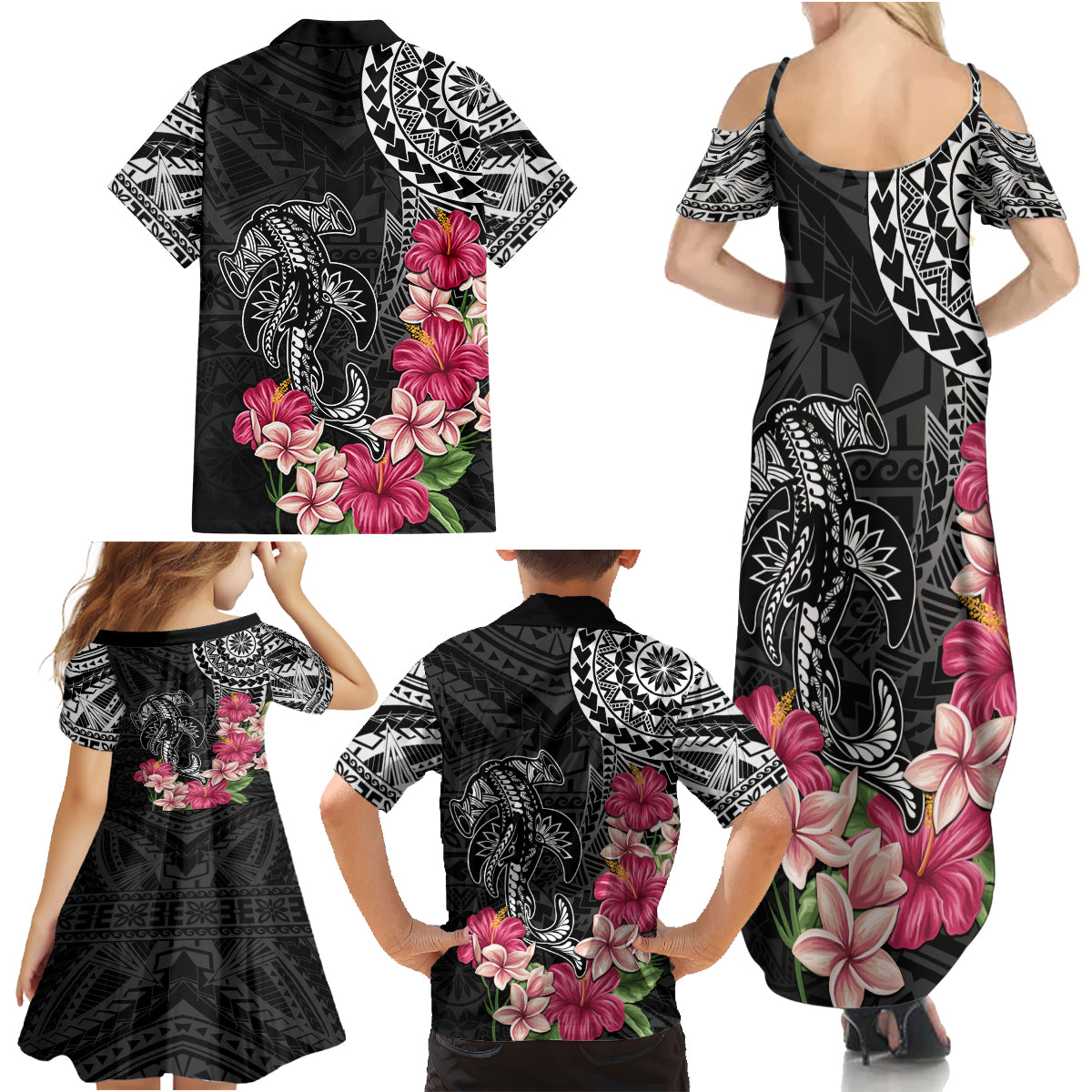 Black Polynesian Hammerhead Shark Tribal Pattern Family Matching Summer Maxi Dress and Hawaiian Shirt LT05 - Polynesian Pride