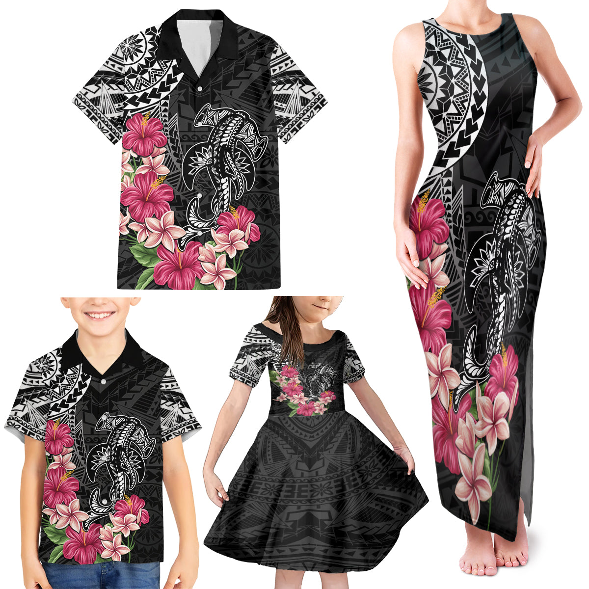 Black Polynesian Hammerhead Shark Tribal Pattern Family Matching Tank Maxi Dress and Hawaiian Shirt LT05 - Polynesian Pride