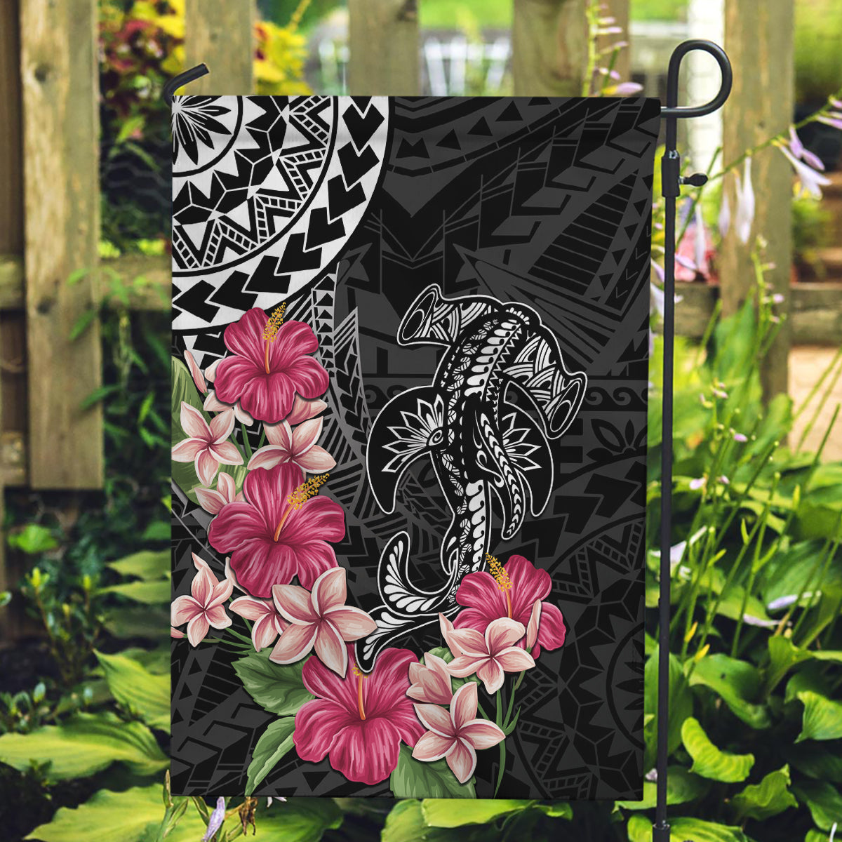 Black Polynesian Hammerhead Shark Tribal Pattern Garden Flag