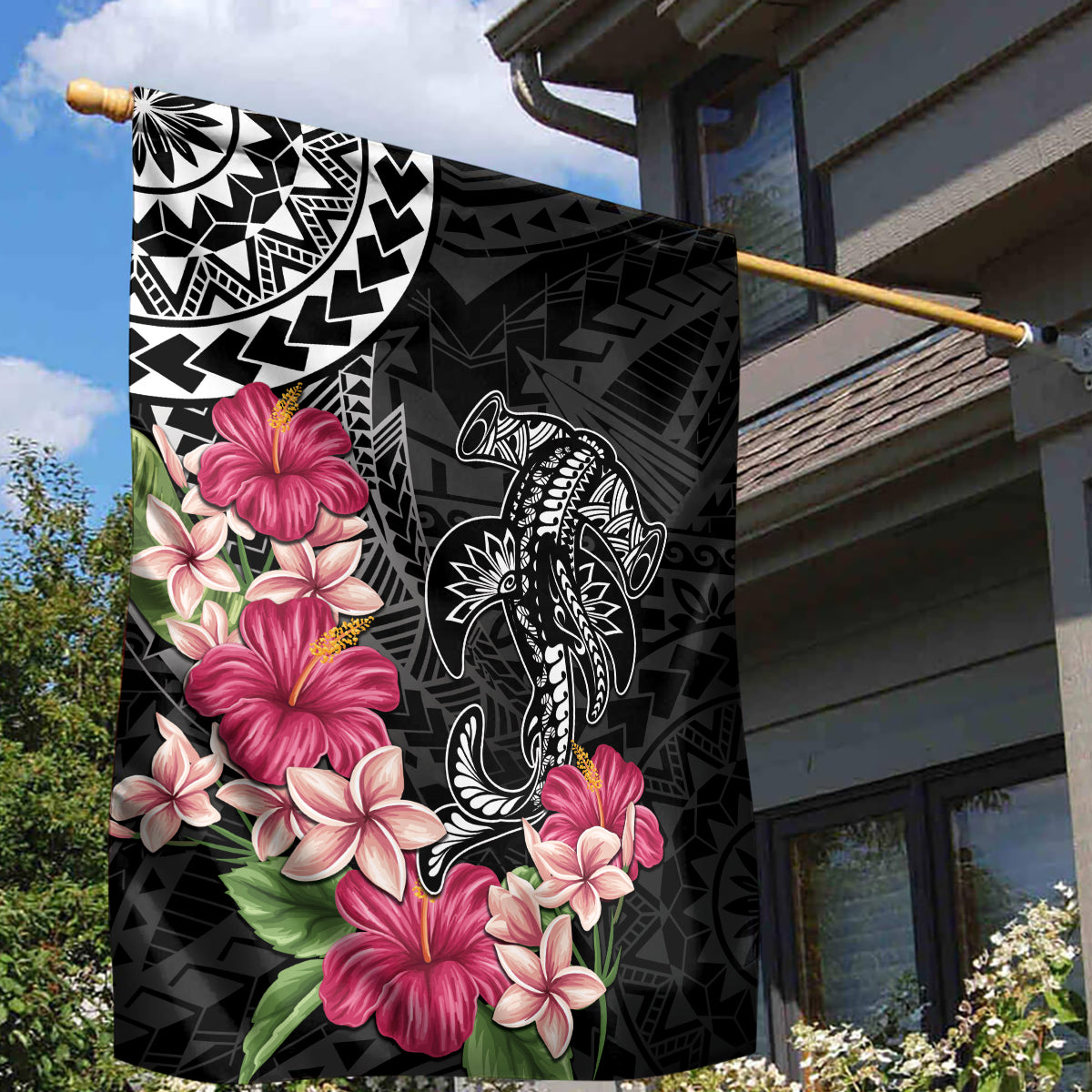 Black Polynesian Hammerhead Shark Tribal Pattern Garden Flag LT05 - Polynesian Pride