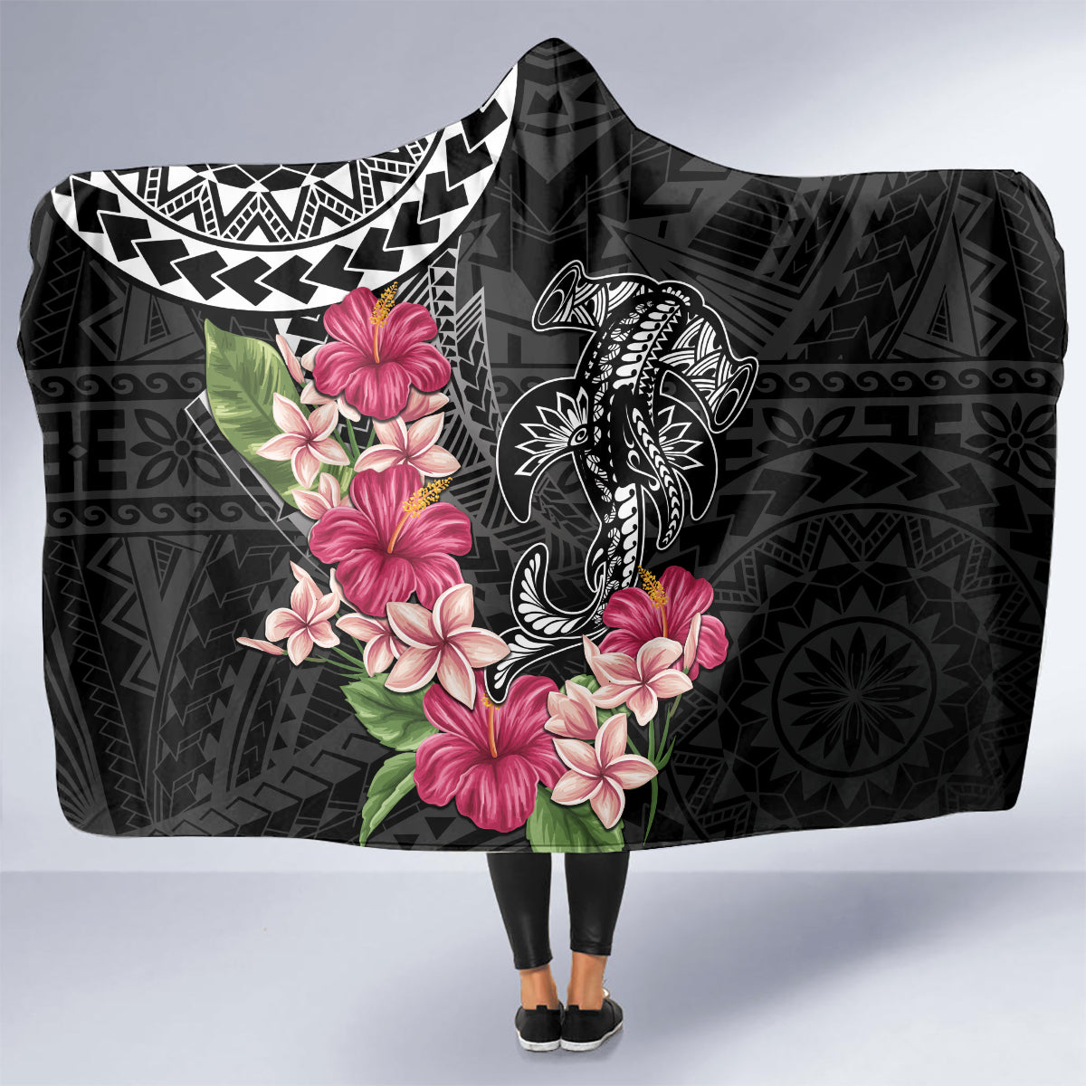 Black Polynesian Hammerhead Shark Tribal Pattern Hooded Blanket LT05 - Polynesian Pride