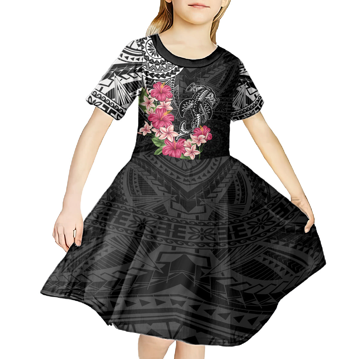 Black Polynesian Hammerhead Shark Tribal Pattern Kid Short Sleeve Dress LT05 - Polynesian Pride