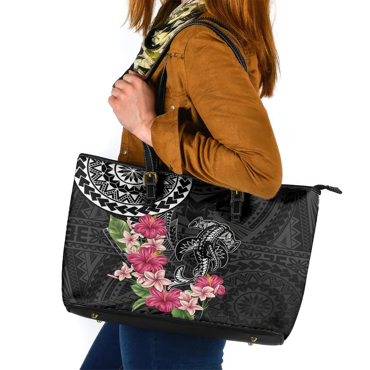 Black Polynesian Hammerhead Shark Tribal Pattern Leather Tote Bag LT05 Black - Polynesian Pride