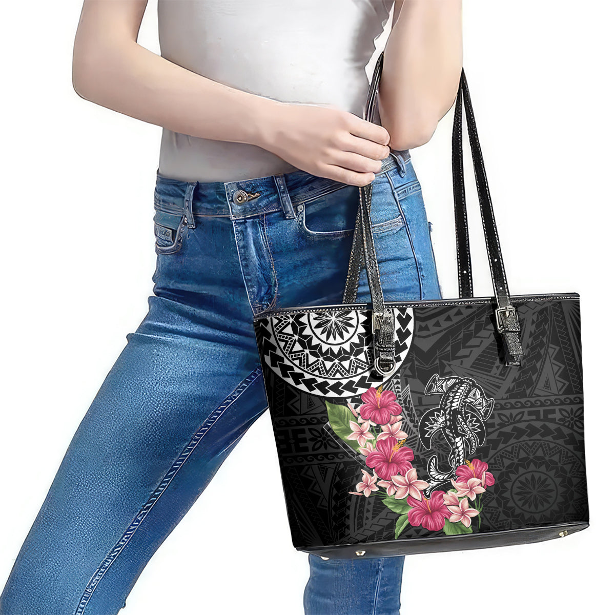 Black Polynesian Hammerhead Shark Tribal Pattern Leather Tote Bag LT05 - Polynesian Pride