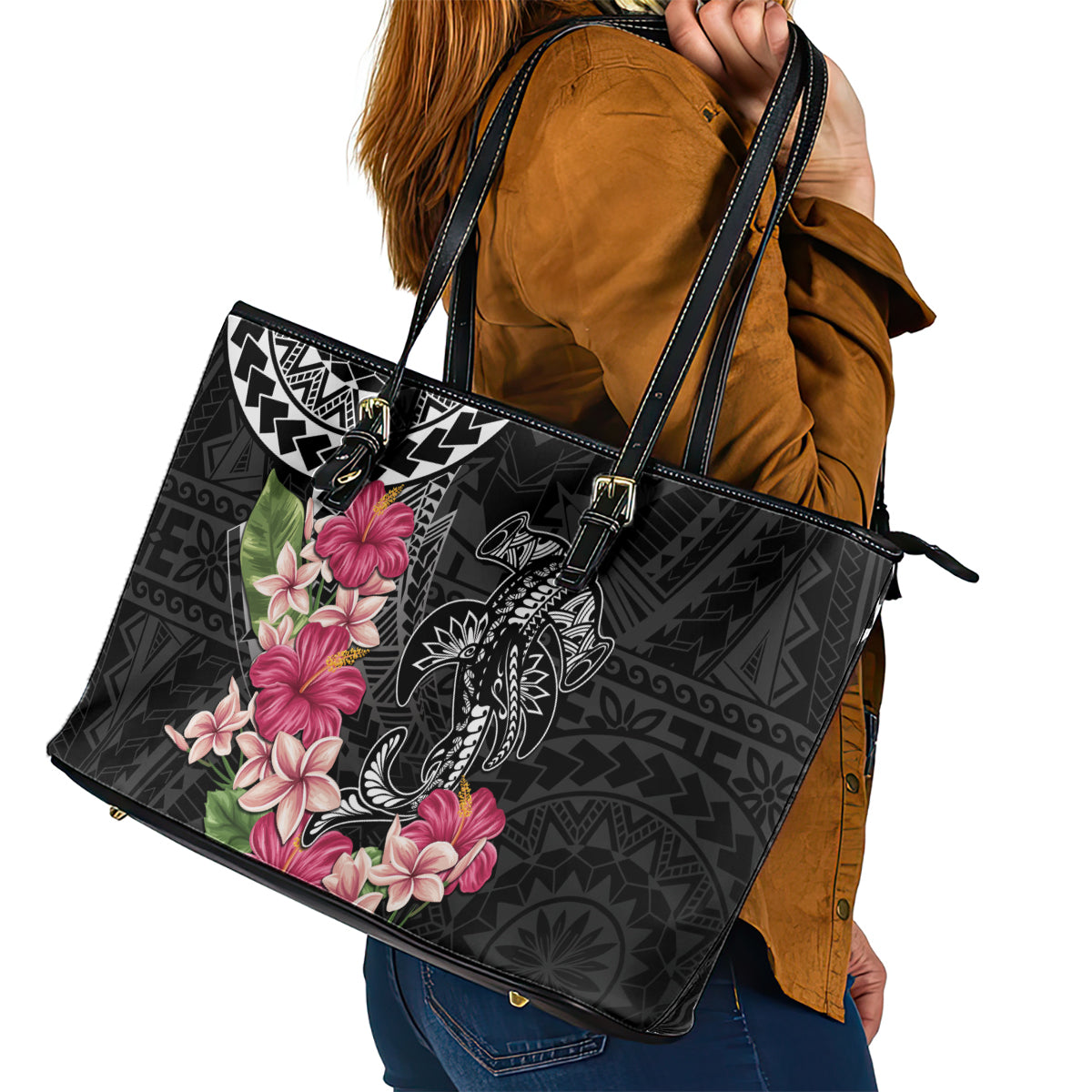 Black Polynesian Hammerhead Shark Tribal Pattern Leather Tote Bag LT05 - Polynesian Pride