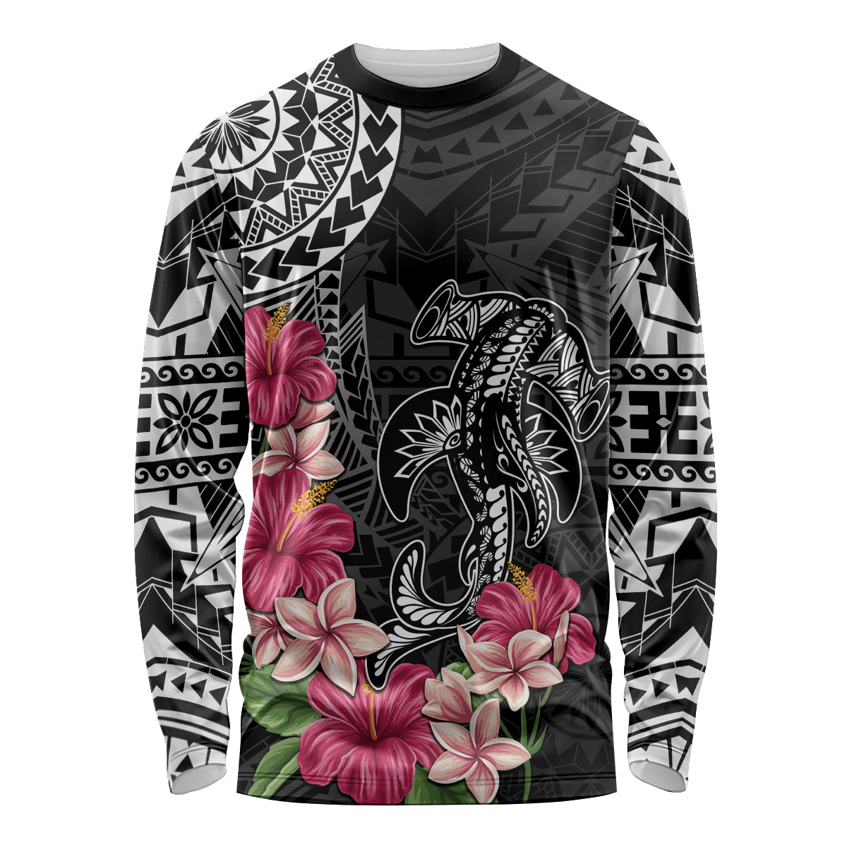 Black Polynesian Hammerhead Shark Tribal Pattern Long Sleeve Shirt