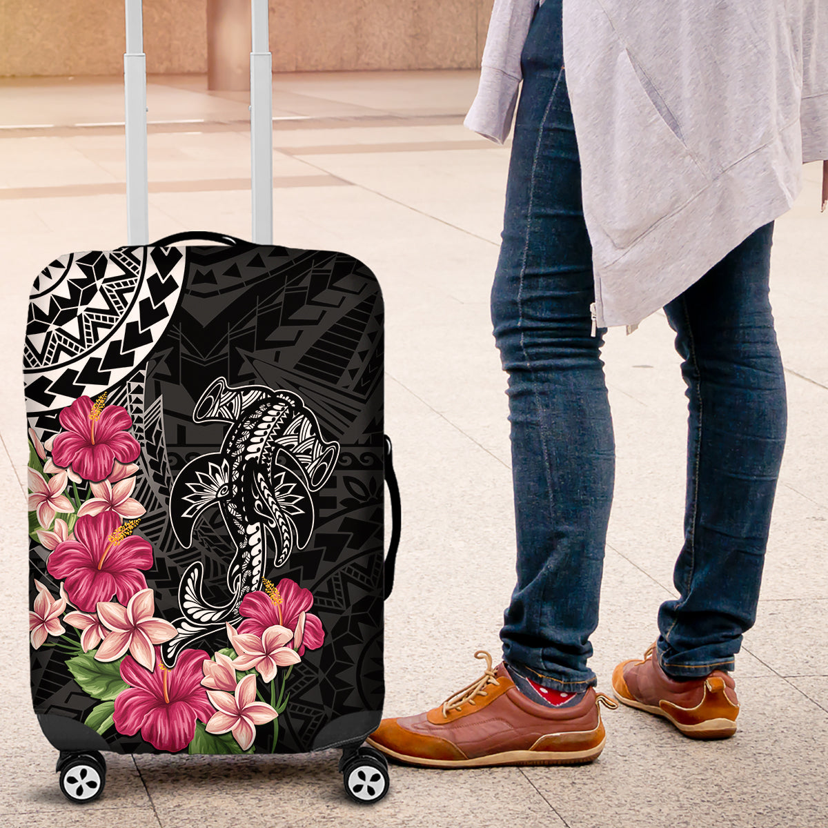 Black Polynesian Hammerhead Shark Tribal Pattern Luggage Cover