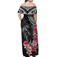 Black Polynesian Hammerhead Shark Tribal Pattern Off Shoulder Maxi Dress LT05 - Polynesian Pride
