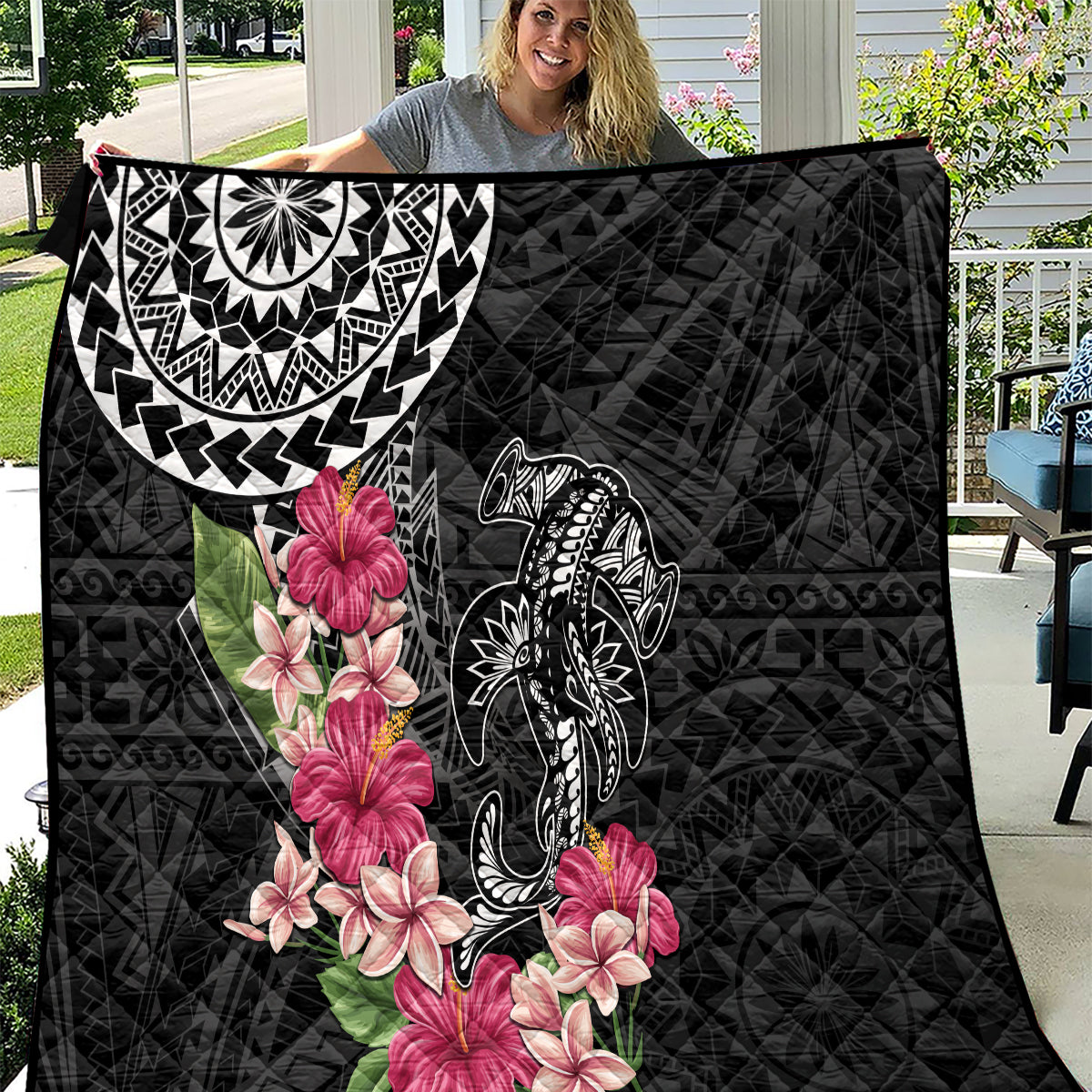 Black Polynesian Hammerhead Shark Tribal Pattern Quilt