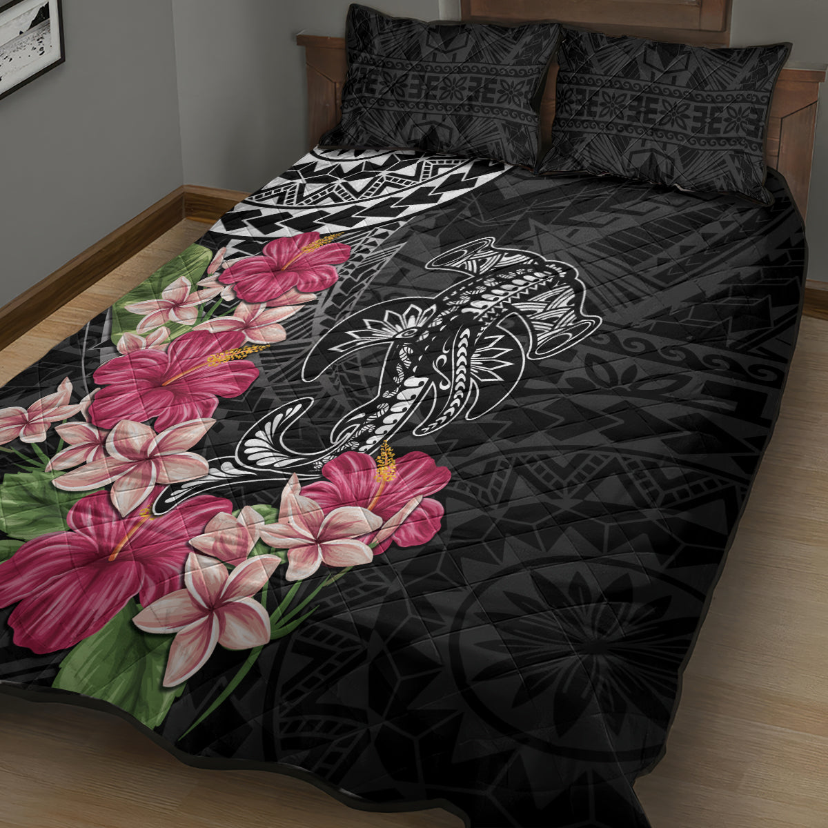 Black Polynesian Hammerhead Shark Tribal Pattern Quilt Bed Set LT05 - Polynesian Pride