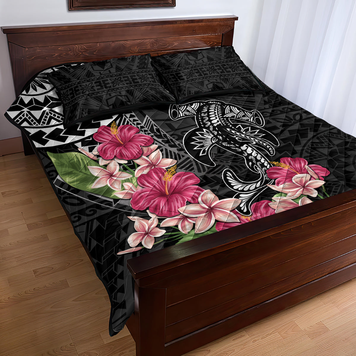 Black Polynesian Hammerhead Shark Tribal Pattern Quilt Bed Set LT05 - Polynesian Pride