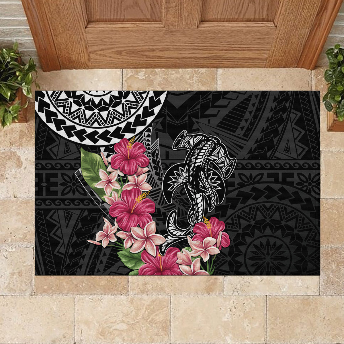Black Polynesian Hammerhead Shark Tribal Pattern Rubber Doormat LT05 - Polynesian Pride