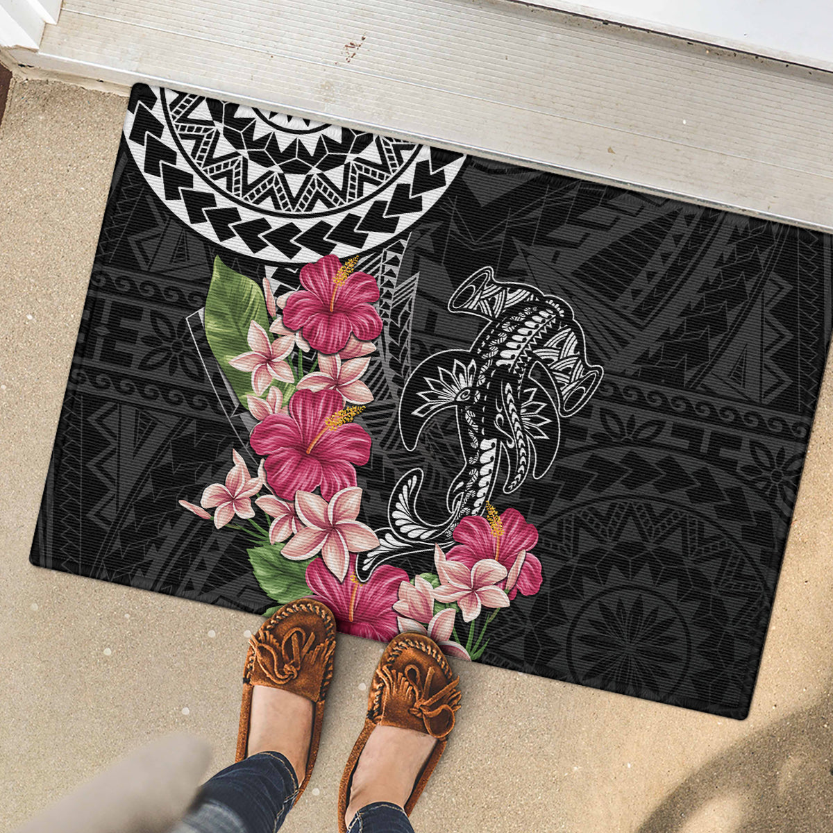 Black Polynesian Hammerhead Shark Tribal Pattern Rubber Doormat LT05 - Polynesian Pride