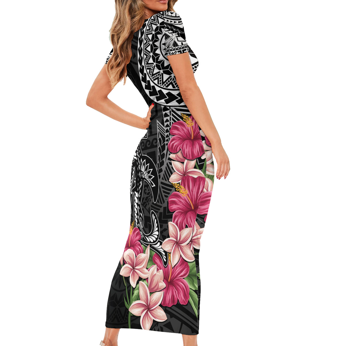 Black Polynesian Hammerhead Shark Tribal Pattern Short Sleeve Bodycon Dress