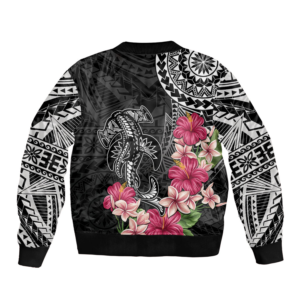 Black Polynesian Hammerhead Shark Tribal Pattern Sleeve Zip Bomber Jacket LT05 - Polynesian Pride