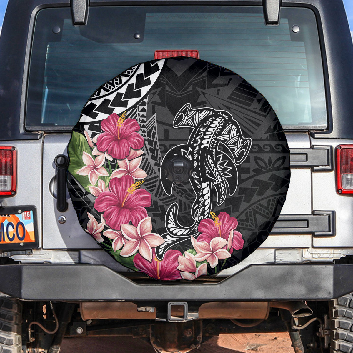 Black Polynesian Hammerhead Shark Tribal Pattern Spare Tire Cover