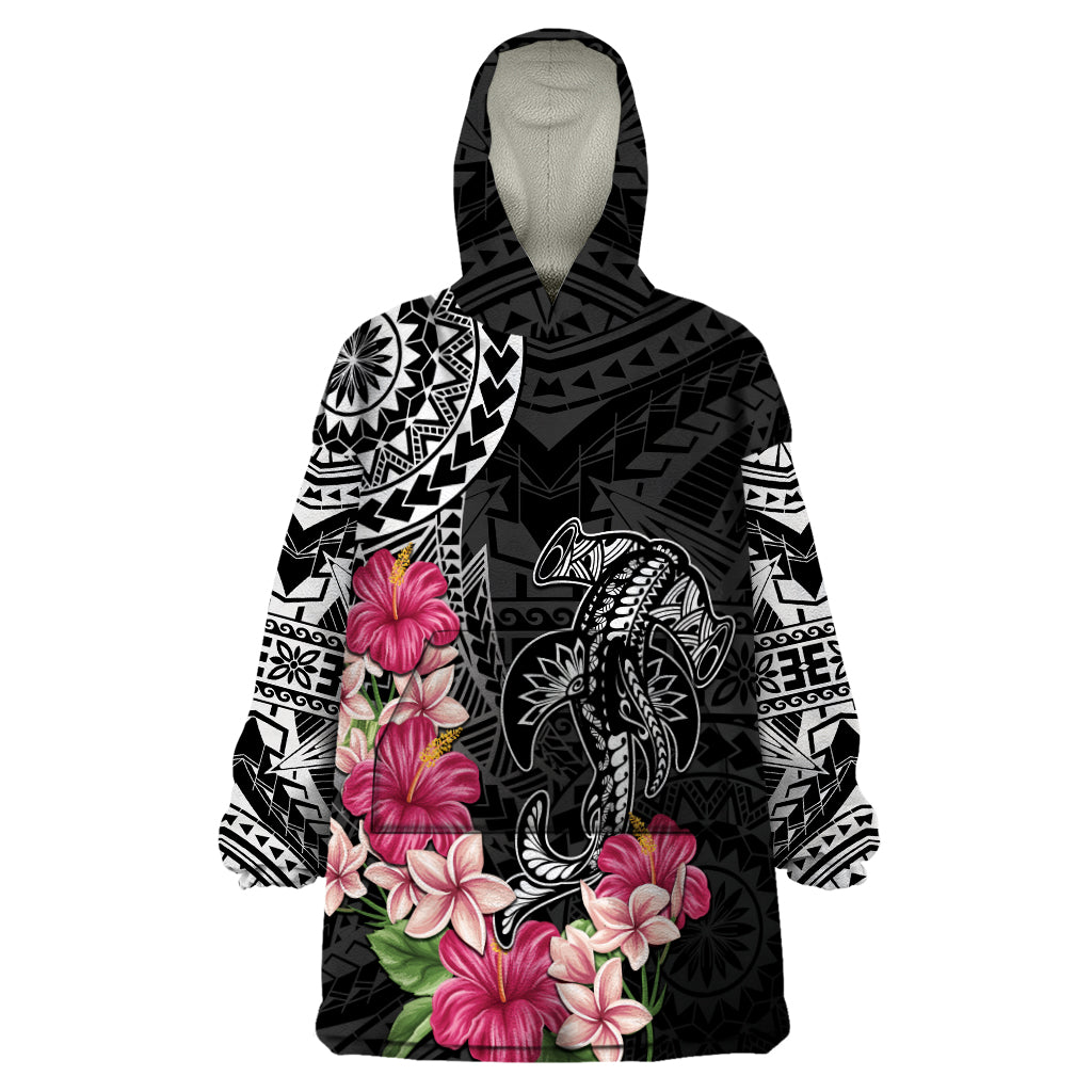 Black Polynesian Hammerhead Shark Tribal Pattern Wearable Blanket Hoodie