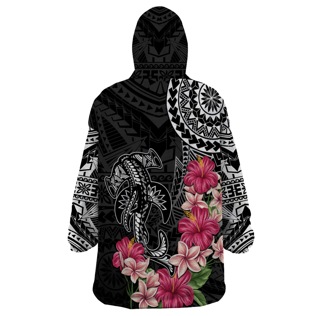 Black Polynesian Hammerhead Shark Tribal Pattern Wearable Blanket Hoodie LT05 - Polynesian Pride