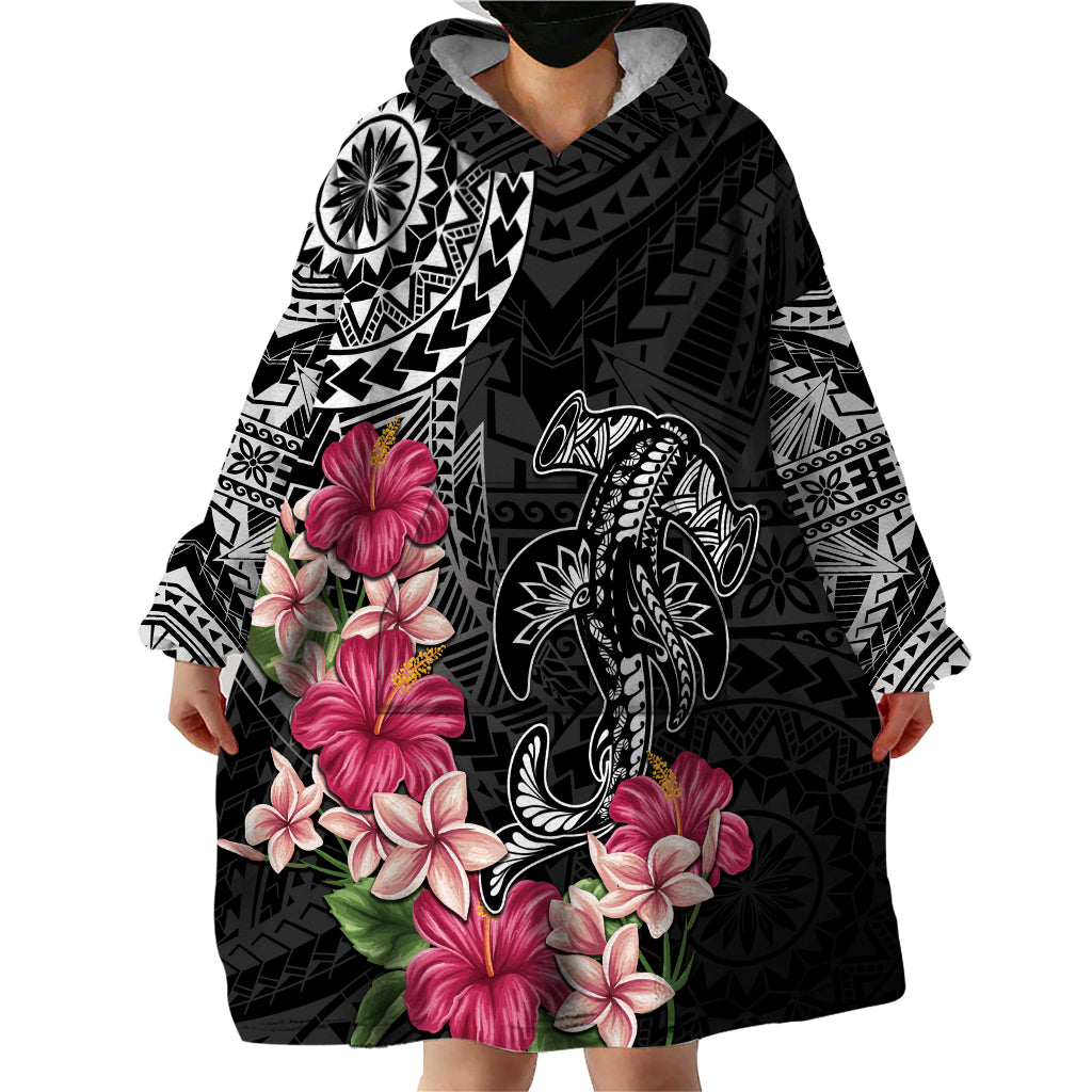 Black Polynesian Hammerhead Shark Tribal Pattern Wearable Blanket Hoodie LT05 - Polynesian Pride