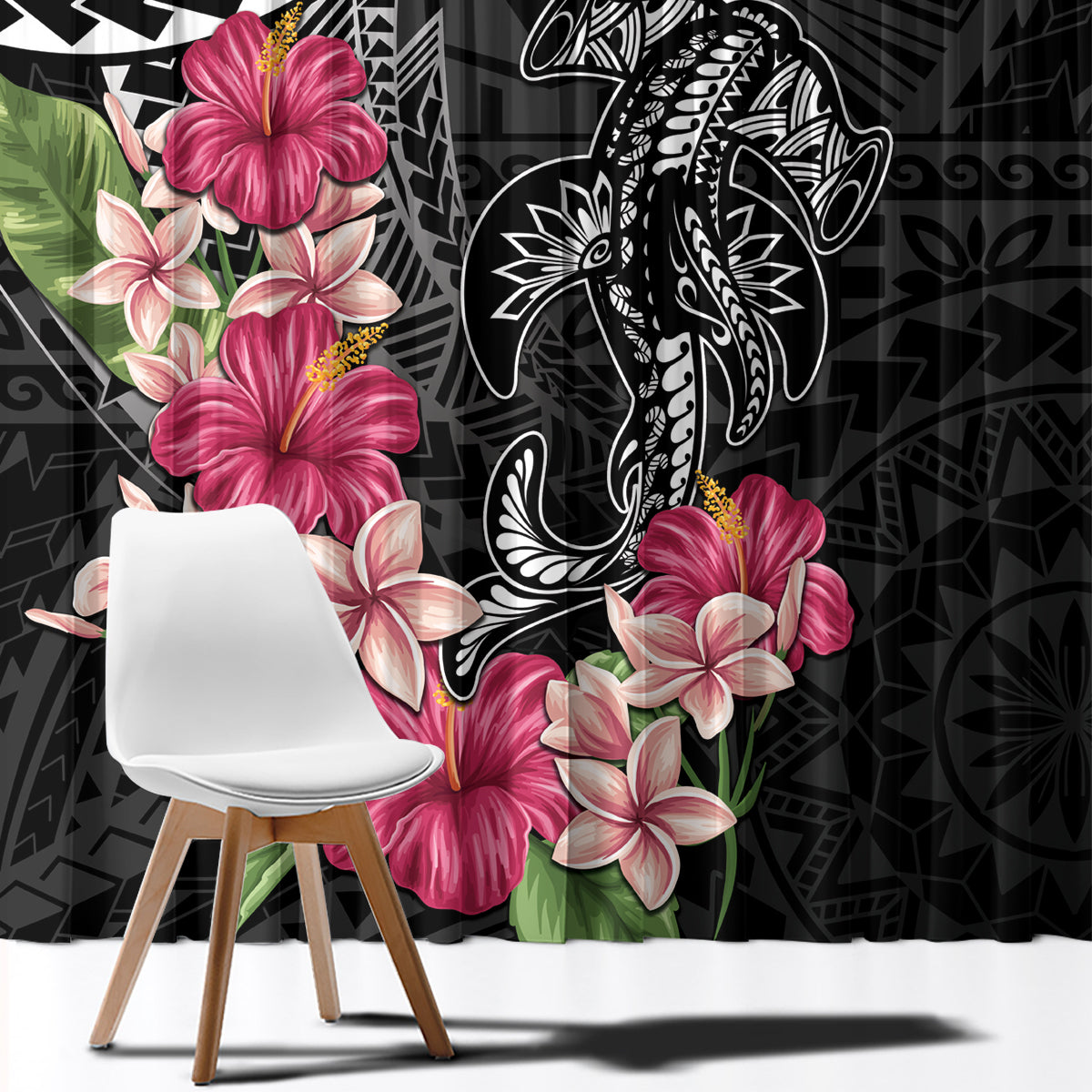 Black Polynesian Hammerhead Shark Tribal Pattern Window Curtain LT05 - Polynesian Pride