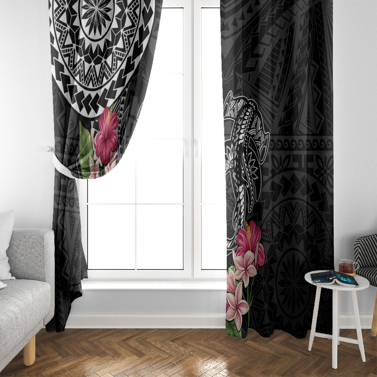 Black Polynesian Hammerhead Shark Tribal Pattern Window Curtain LT05 - Polynesian Pride