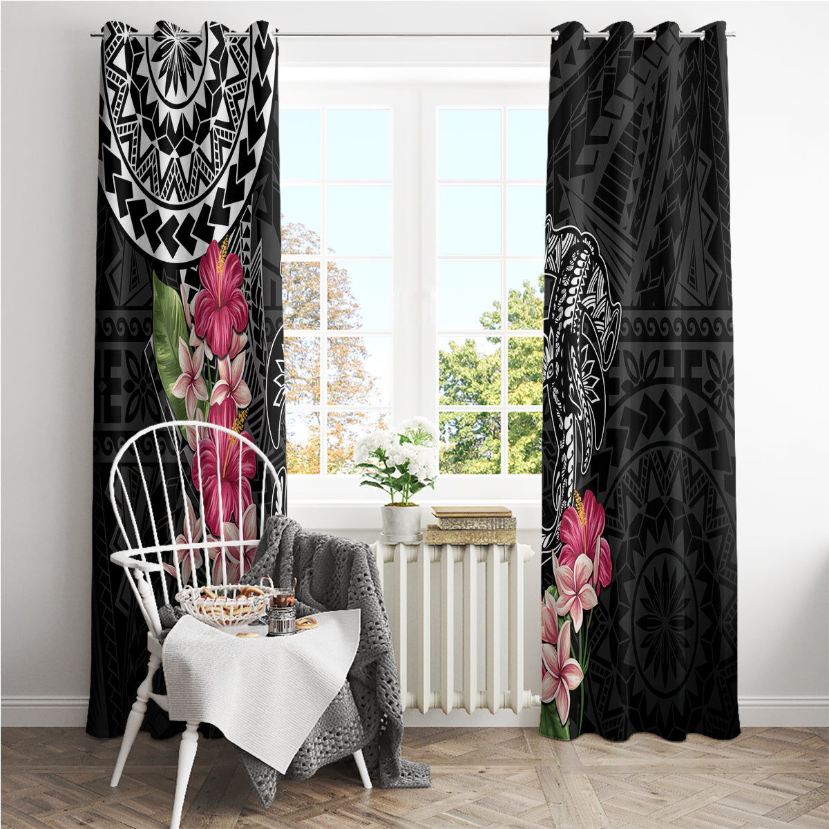Black Polynesian Hammerhead Shark Tribal Pattern Window Curtain LT05 - Polynesian Pride