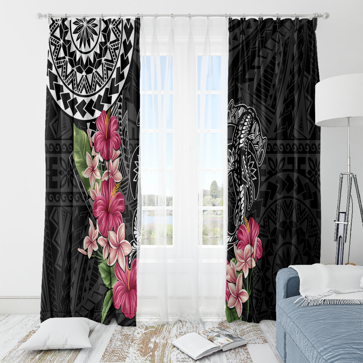 Black Polynesian Hammerhead Shark Tribal Pattern Window Curtain LT05 - Polynesian Pride