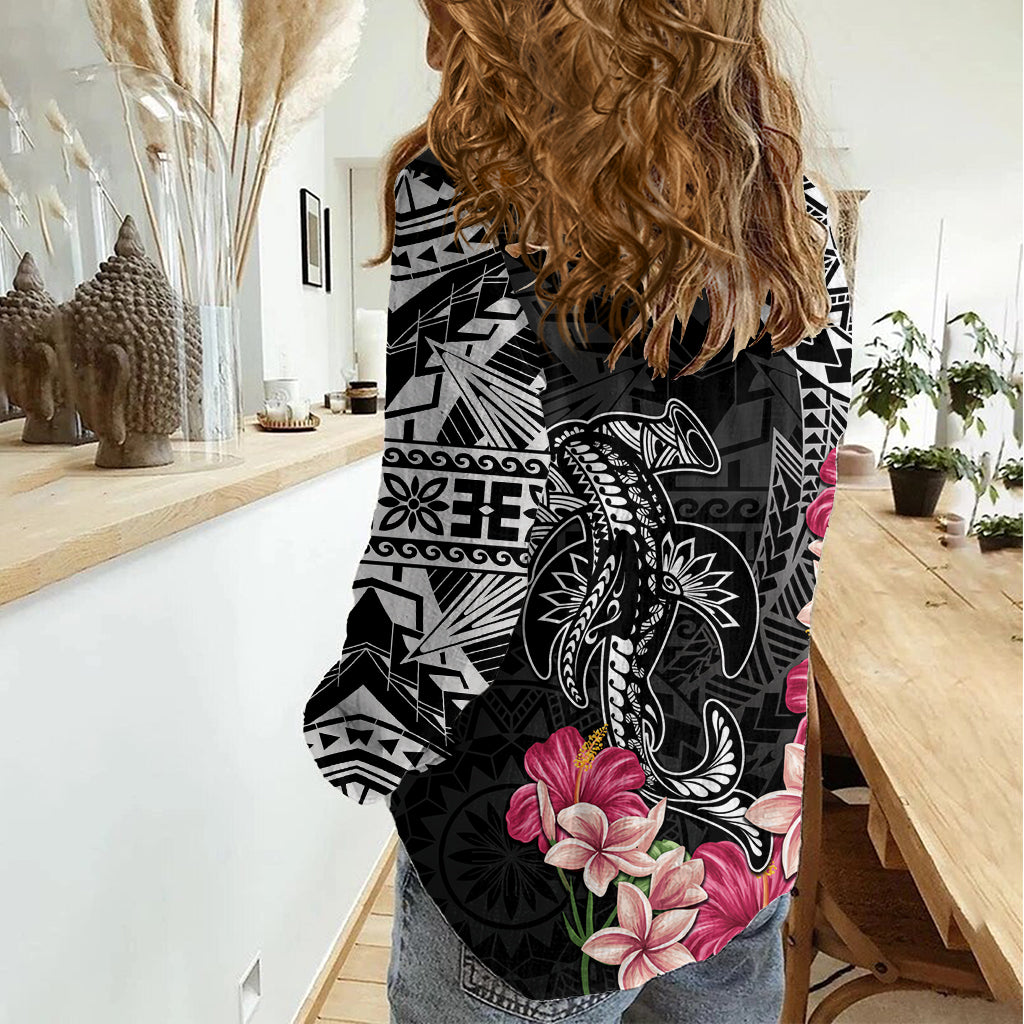 Black Polynesian Hammerhead Shark Tribal Pattern Women Casual Shirt