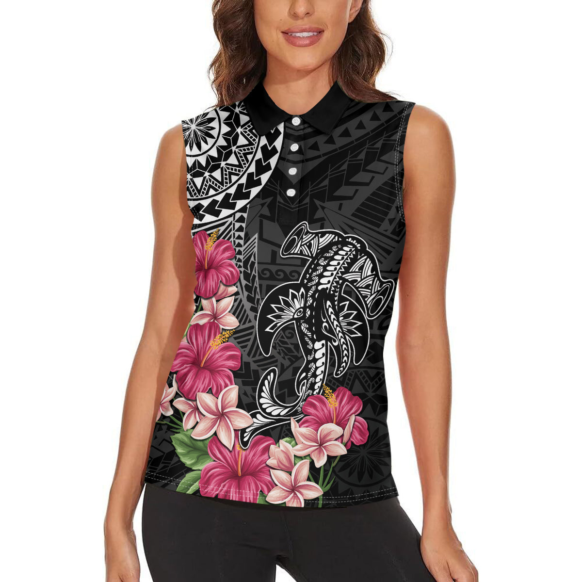 Black Polynesian Hammerhead Shark Tribal Pattern Women Sleeveless Polo Shirt