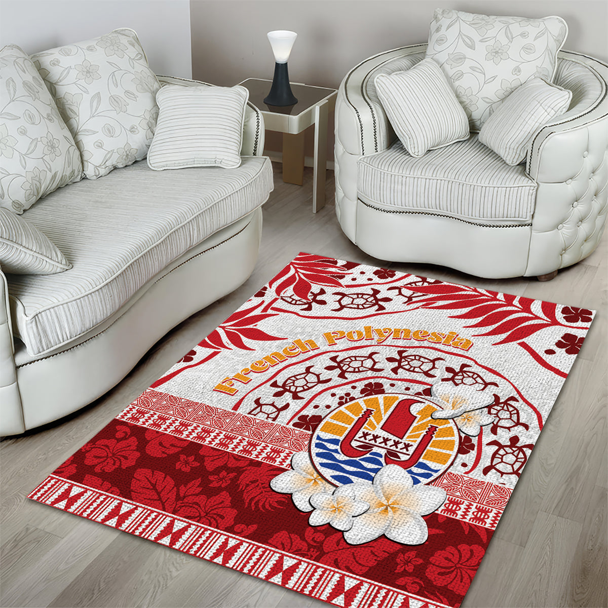 French Polynesia Internal Autonomy Day Area Rug Tropical Hibiscus And Turtle Pattern