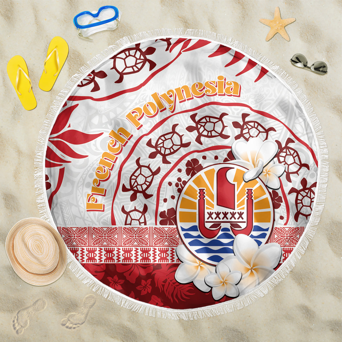 French Polynesia Internal Autonomy Day Beach Blanket Tropical Hibiscus And Turtle Pattern LT05 One Size 150cm Red - Polynesian Pride