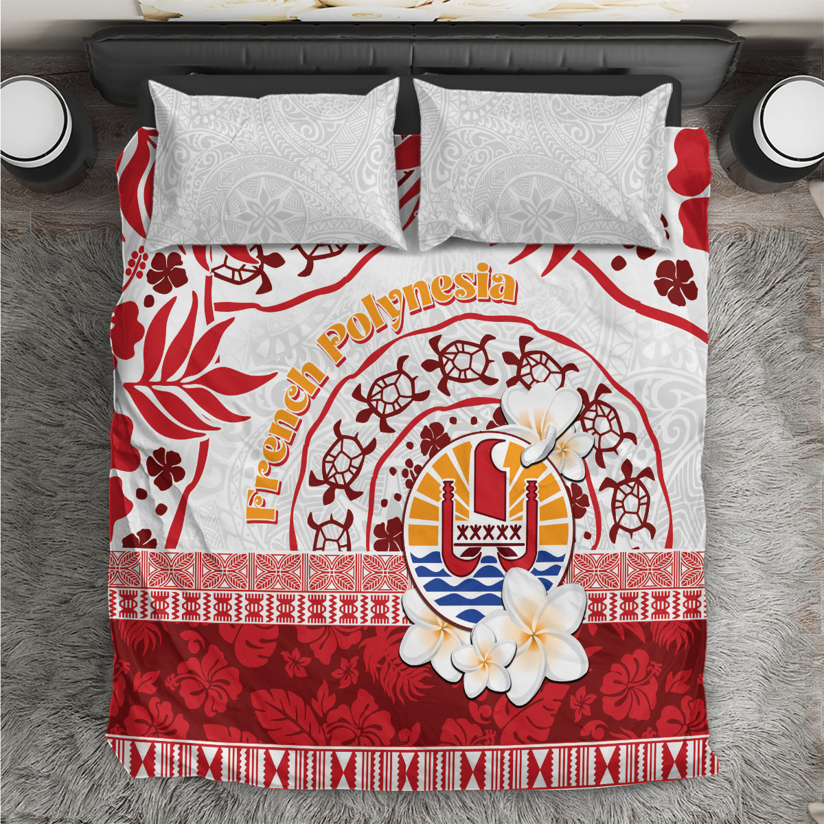 French Polynesia Internal Autonomy Day Bedding Set Tropical Hibiscus And Turtle Pattern LT05 Red - Polynesian Pride