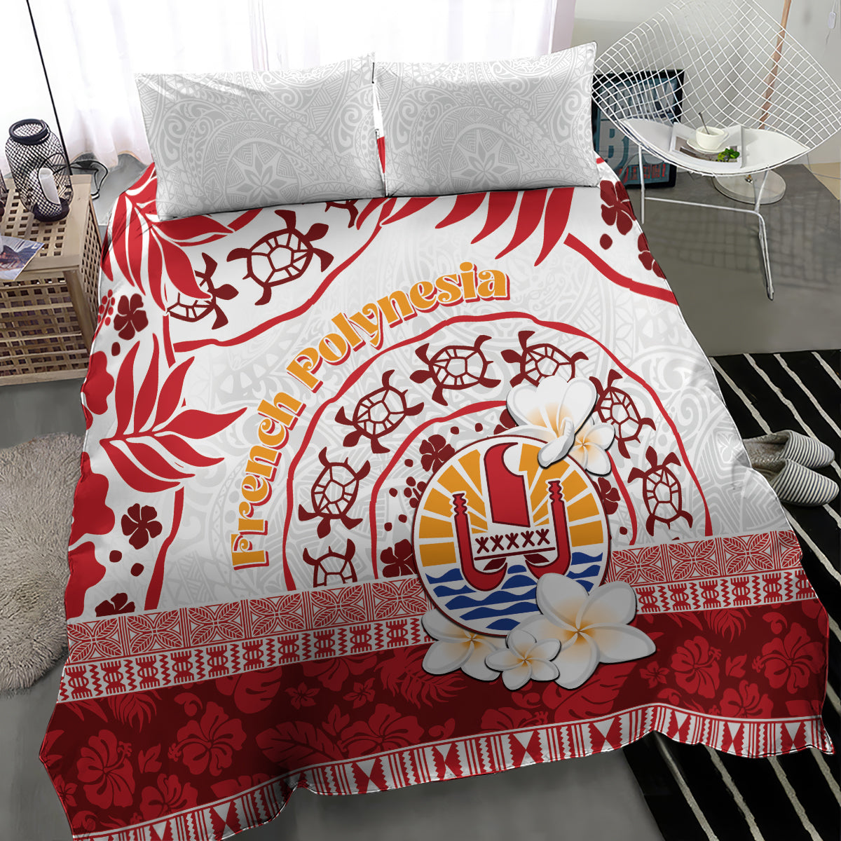 French Polynesia Internal Autonomy Day Bedding Set Tropical Hibiscus And Turtle Pattern LT05 - Polynesian Pride