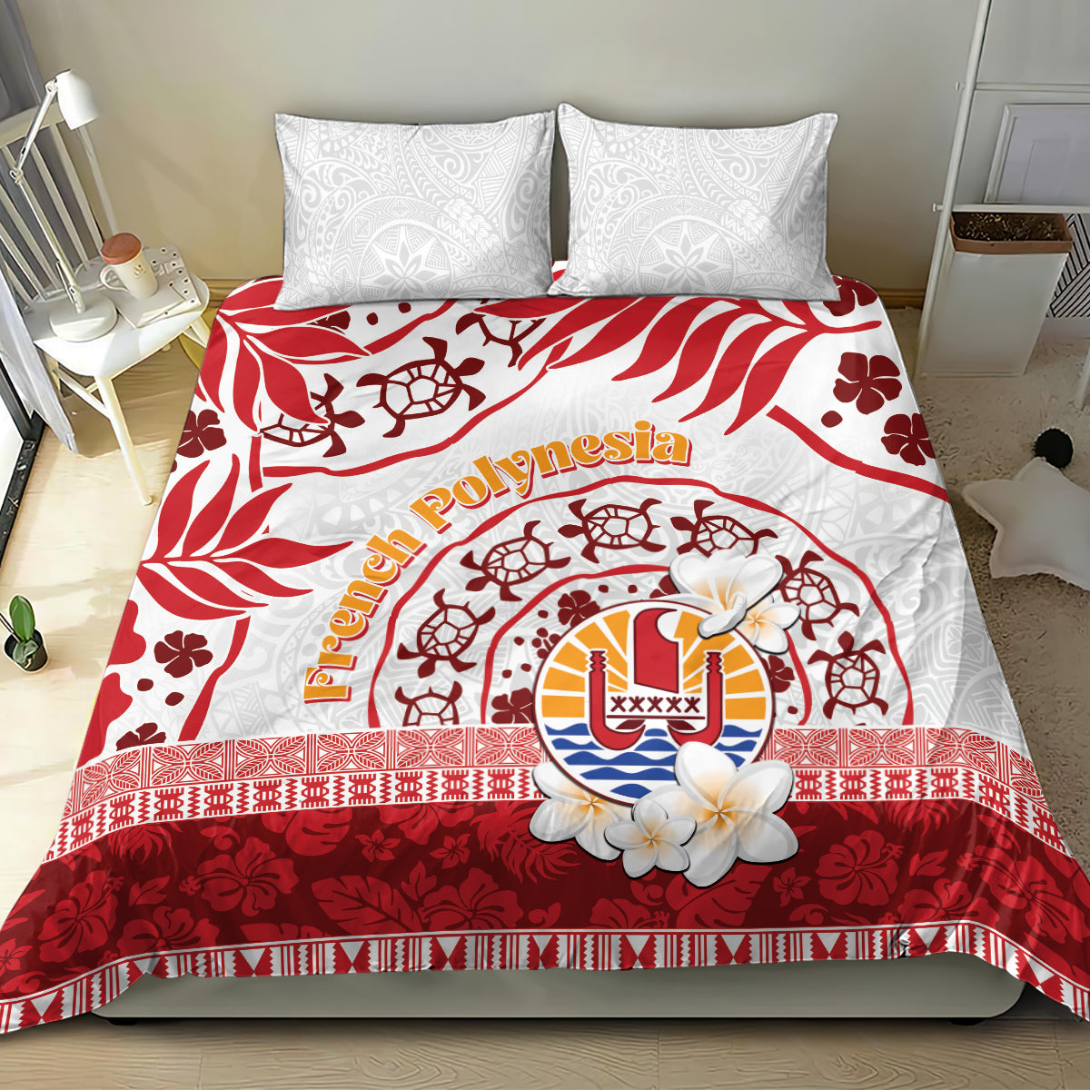 French Polynesia Internal Autonomy Day Bedding Set Tropical Hibiscus And Turtle Pattern LT05 - Polynesian Pride