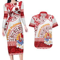French Polynesia Internal Autonomy Day Couples Matching Long Sleeve Bodycon Dress and Hawaiian Shirt Tropical Hibiscus And Turtle Pattern LT05 Red - Polynesian Pride