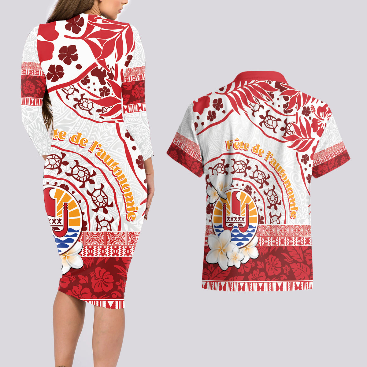 French Polynesia Internal Autonomy Day Couples Matching Long Sleeve Bodycon Dress and Hawaiian Shirt Tropical Hibiscus And Turtle Pattern LT05 - Polynesian Pride