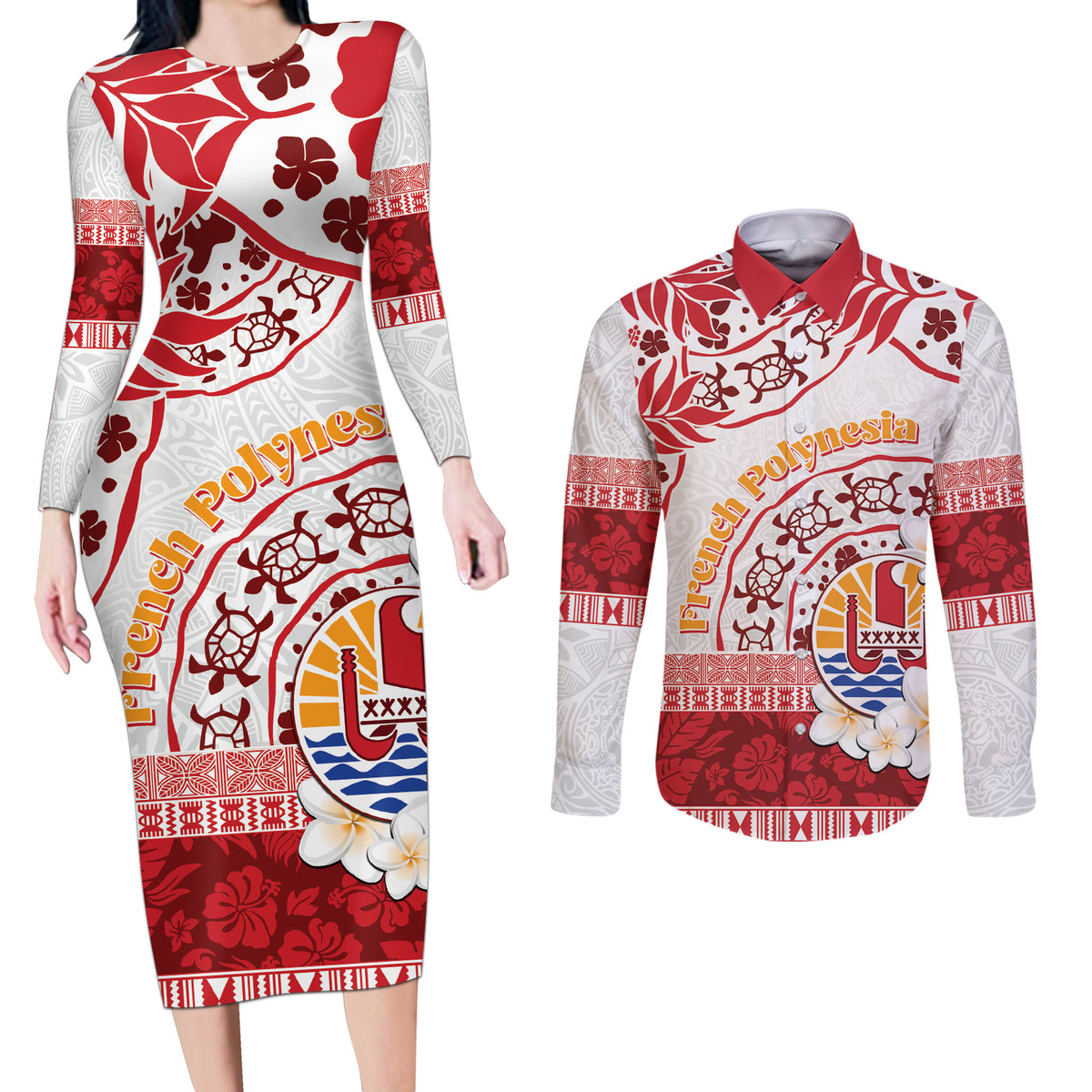 French Polynesia Internal Autonomy Day Couples Matching Long Sleeve Bodycon Dress and Long Sleeve Button Shirt Tropical Hibiscus And Turtle Pattern LT05 Red - Polynesian Pride