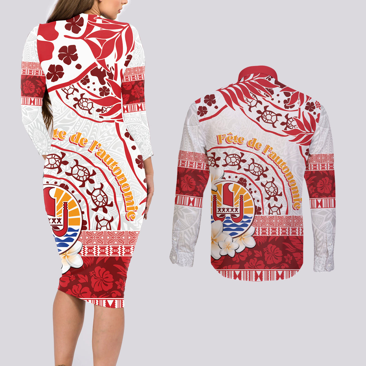 French Polynesia Internal Autonomy Day Couples Matching Long Sleeve Bodycon Dress and Long Sleeve Button Shirt Tropical Hibiscus And Turtle Pattern LT05 - Polynesian Pride
